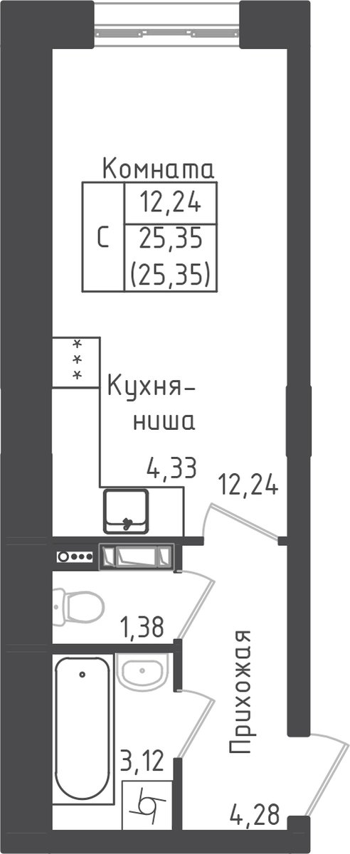 студия, 25.4 м², 5 этаж 