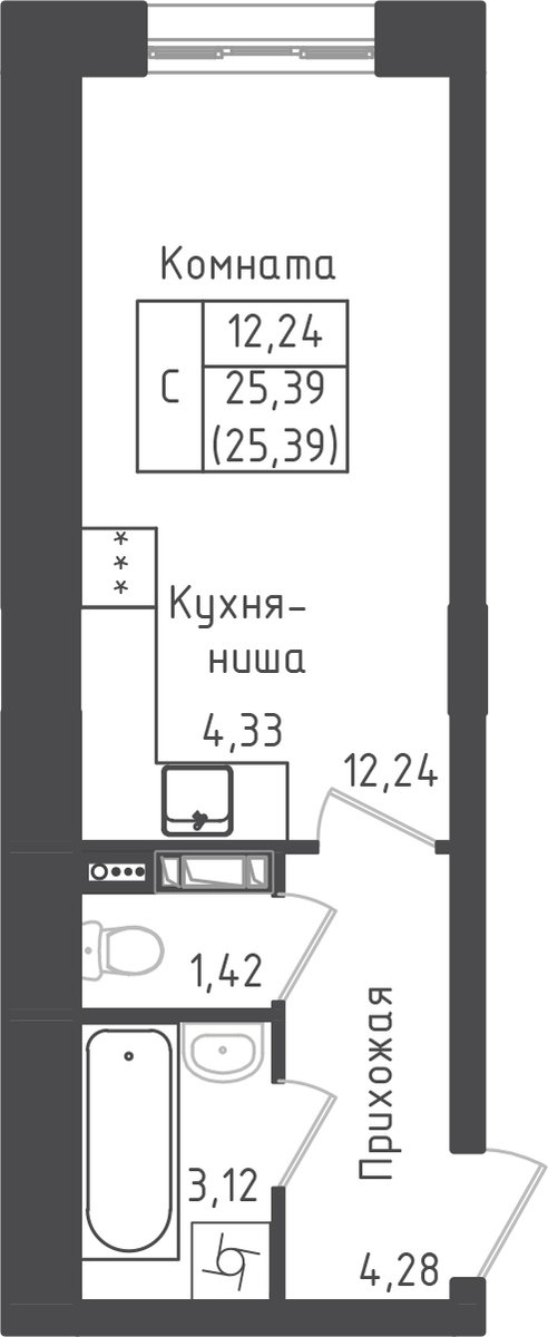 студия, 25.4 м², 3 этаж 
