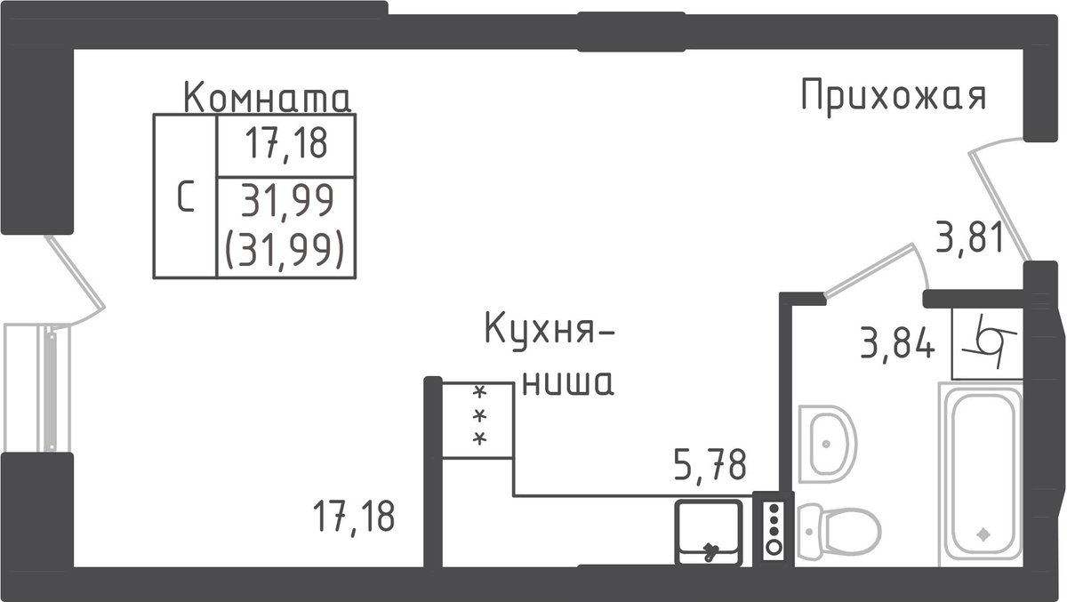 студия, 32 м², 1 этаж 