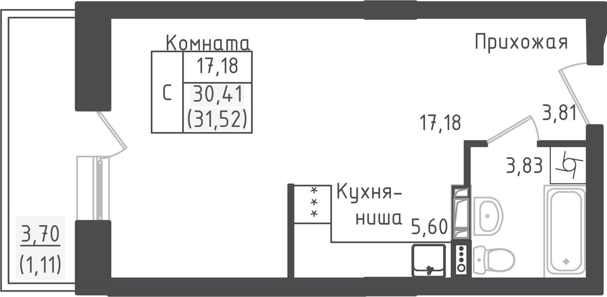 студия, 31.5 м², 4 этаж 