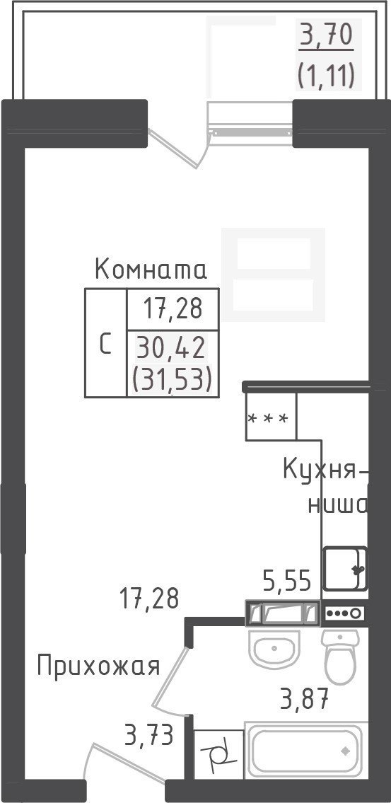 студия, 31.5 м², 4 этаж 