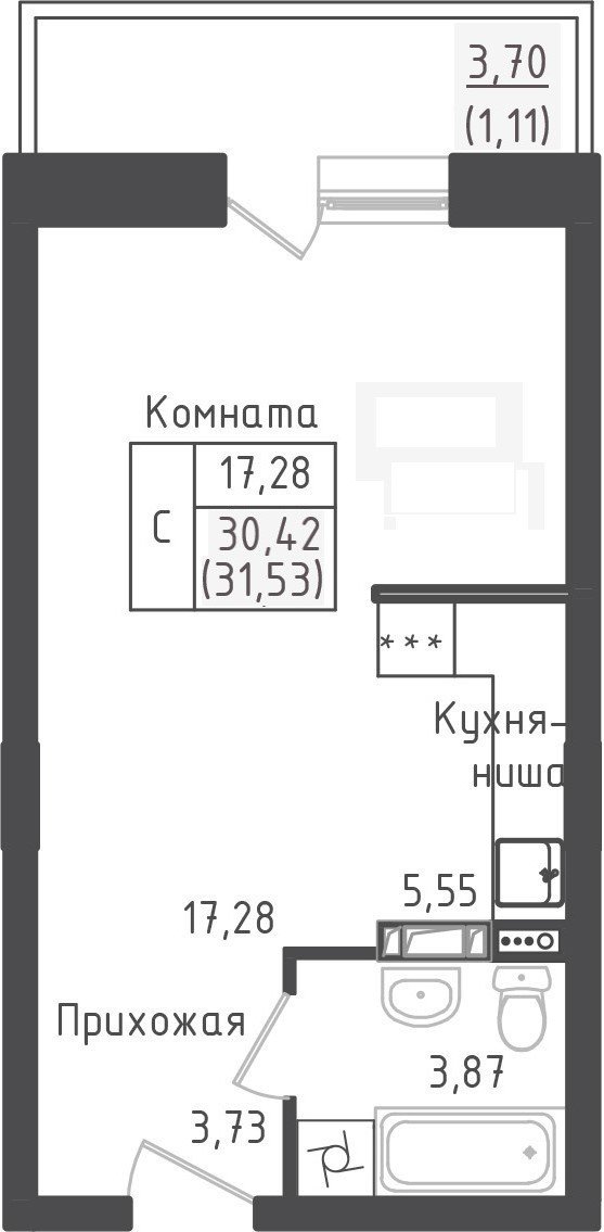 студия, 31.5 м², 3 этаж 