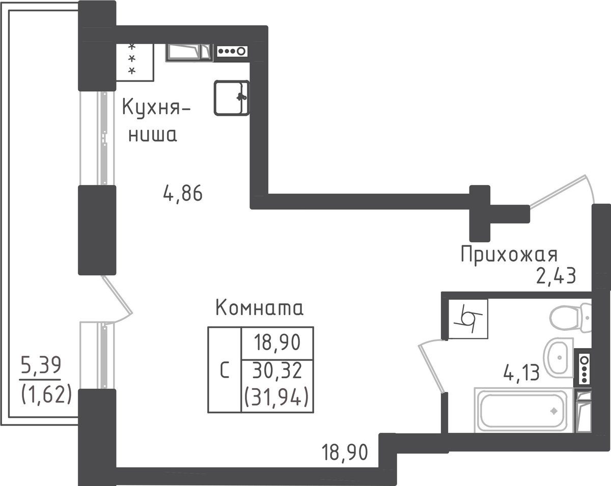 студия, 31.9 м², 2 этаж 