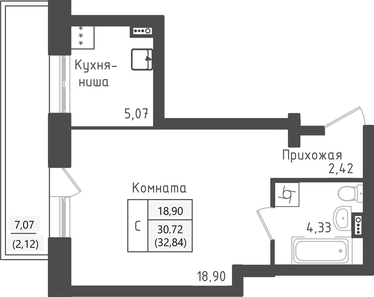 студия, 32.8 м², 1 этаж 