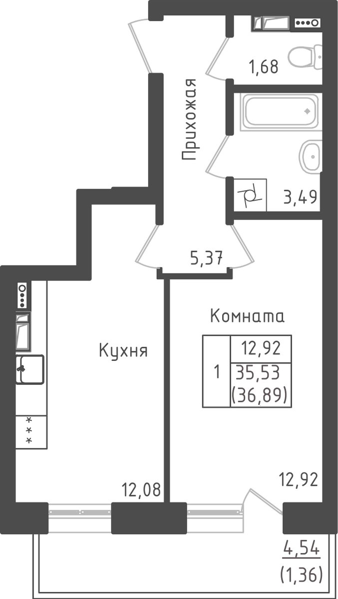 1 комн. квартира, 36.9 м², 4 этаж 