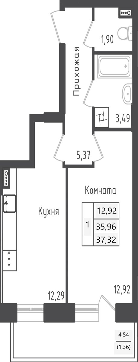 1 комн. квартира, 37.3 м², 1 этаж 