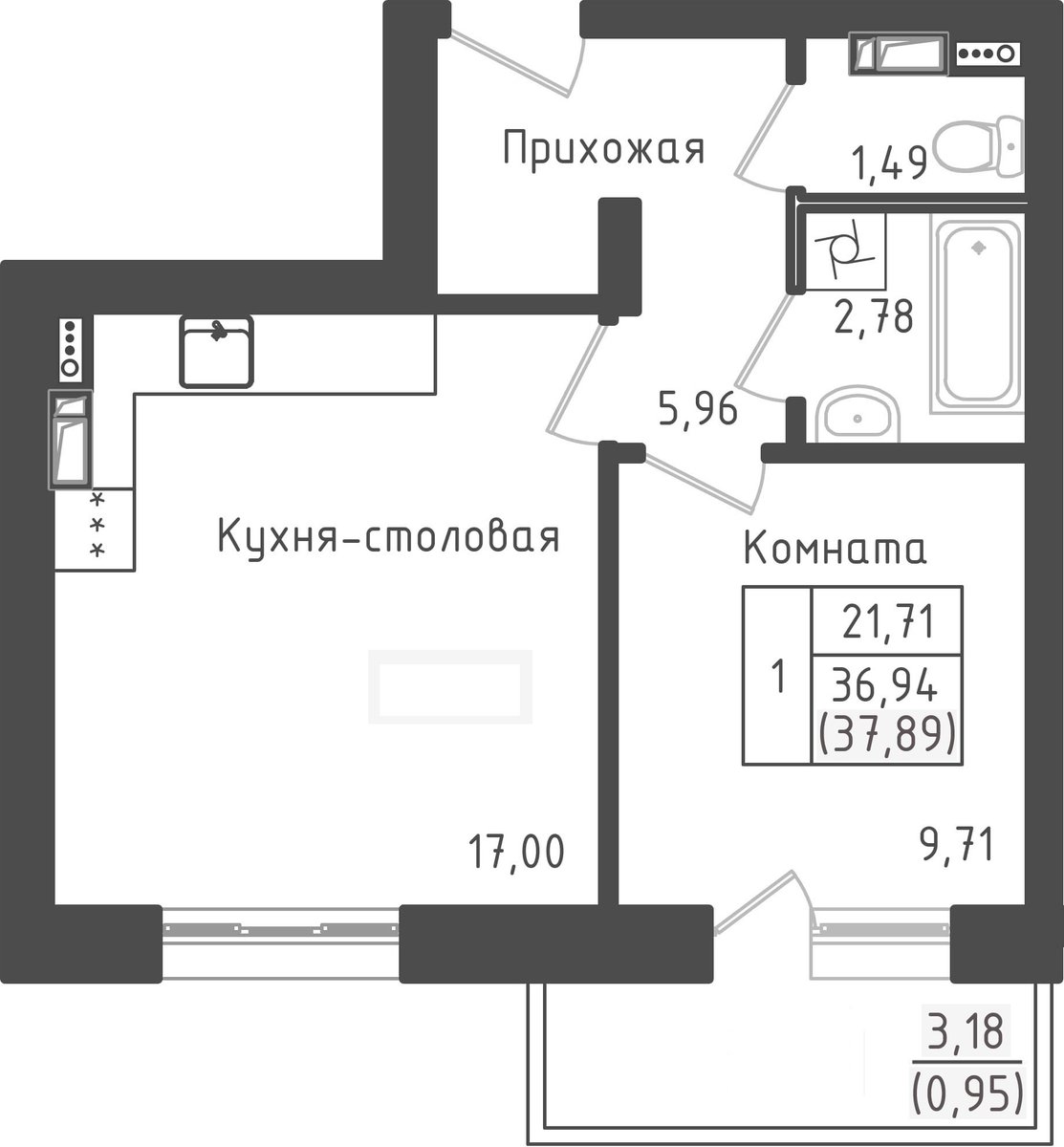 1 комн. квартира, 37.9 м², 2 этаж 
