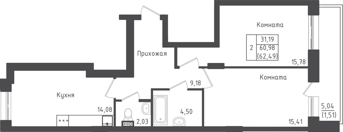 2 комн. квартира, 62.5 м², 1 этаж 