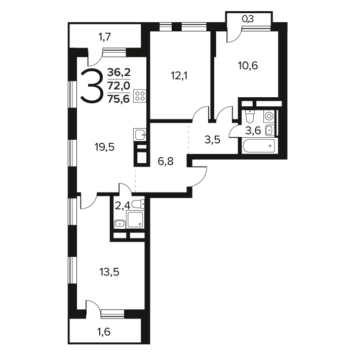 3 комн. квартира, 75.6 м², 7 этаж 