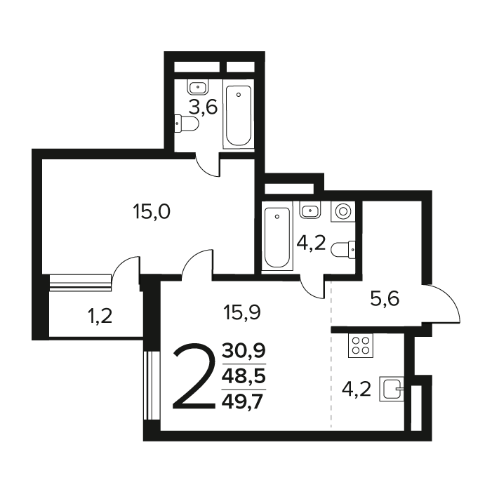 2 комн. квартира, 49.7 м², 3 этаж 