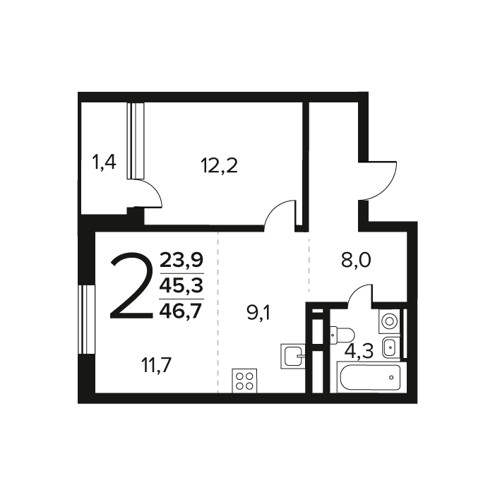 2 комн. квартира, 46.7 м², 7 этаж 