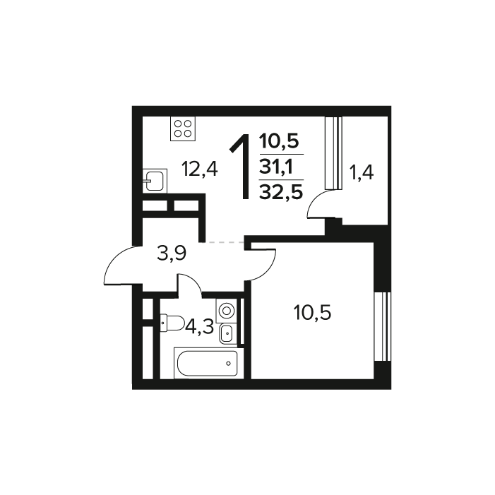 1 комн. квартира, 32.5 м², 9 этаж 