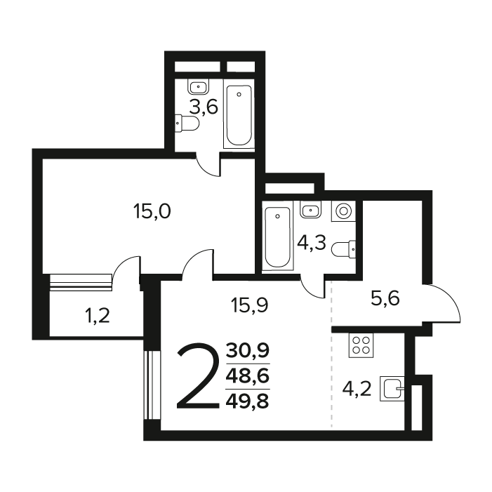 2 комн. квартира, 49.8 м², 5 этаж 