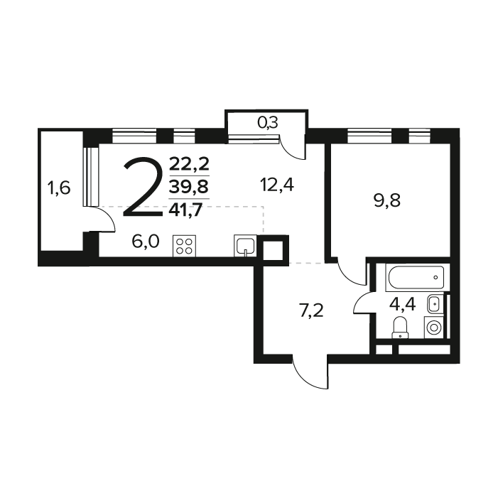 2 комн. квартира, 41.7 м², 7 этаж 