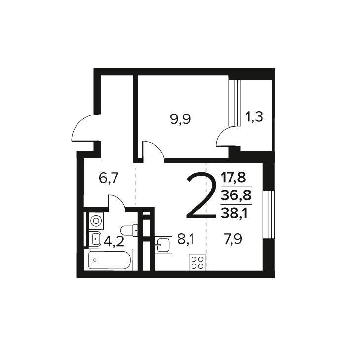 2 комн. квартира, 38.1 м², 8 этаж 
