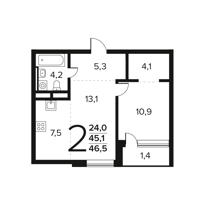 2 комн. квартира, 46.5 м², 11 этаж 