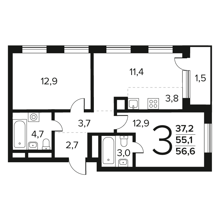3 комн. квартира, 56.6 м², 6 этаж 