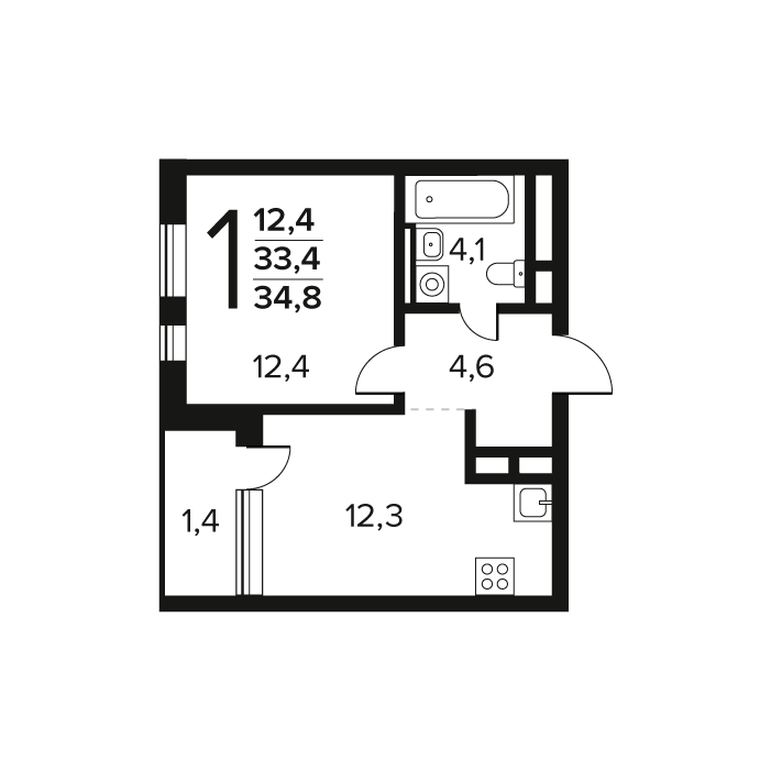 1 комн. квартира, 34.8 м², 7 этаж 