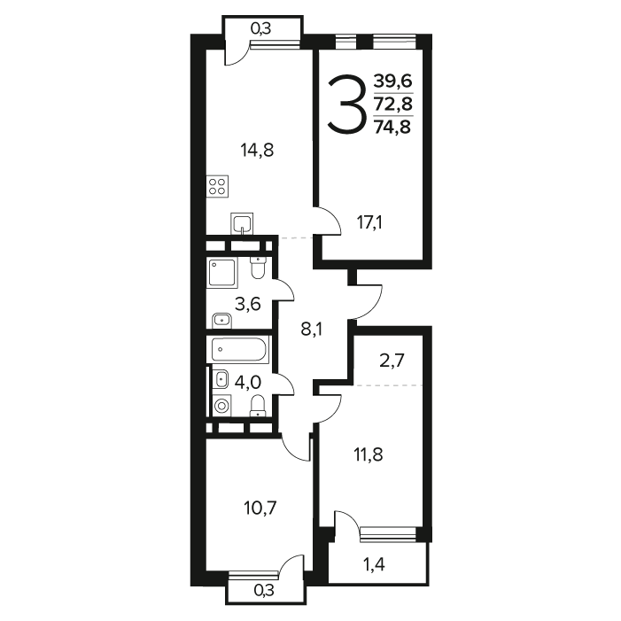 3 комн. квартира, 74.8 м², 12 этаж 