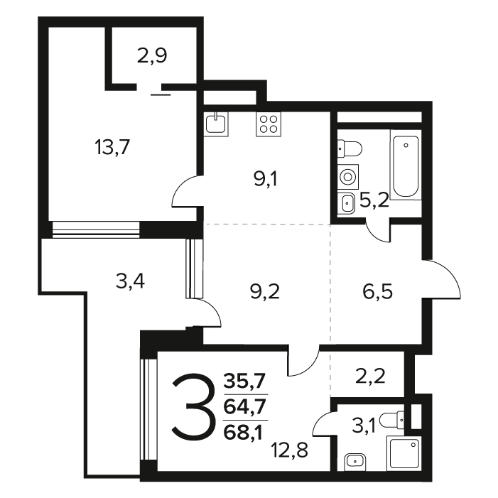 3 комн. квартира, 68.1 м², 1 этаж 