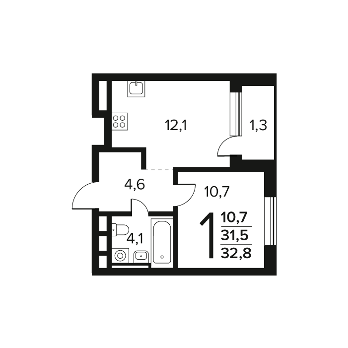 1 комн. квартира, 32.8 м², 5 этаж 