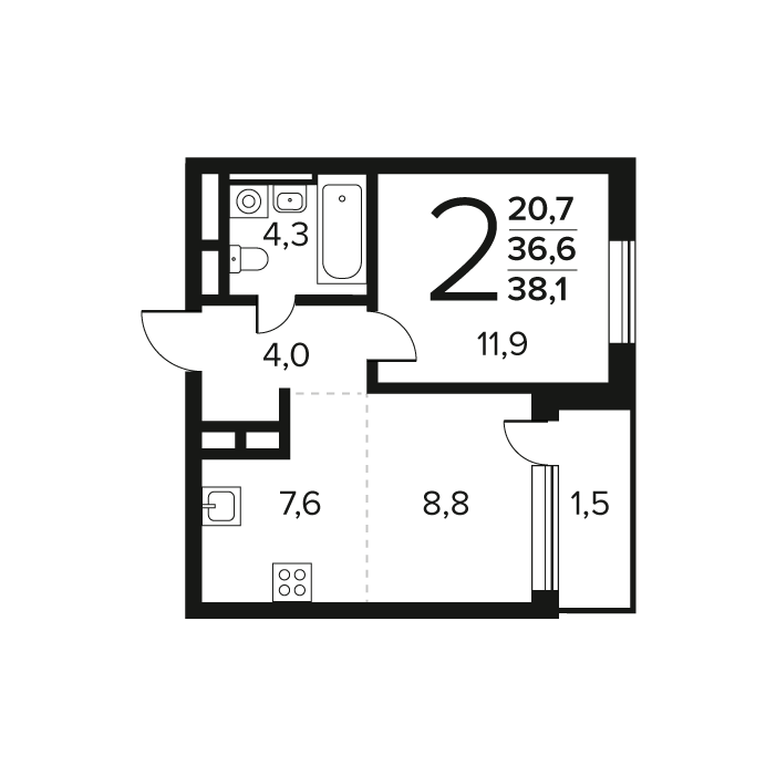 2 комн. квартира, 38.1 м², 7 этаж 