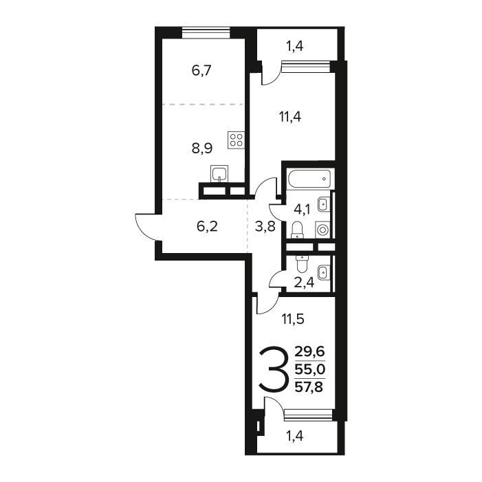 3 комн. квартира, 57.8 м², 4 этаж 