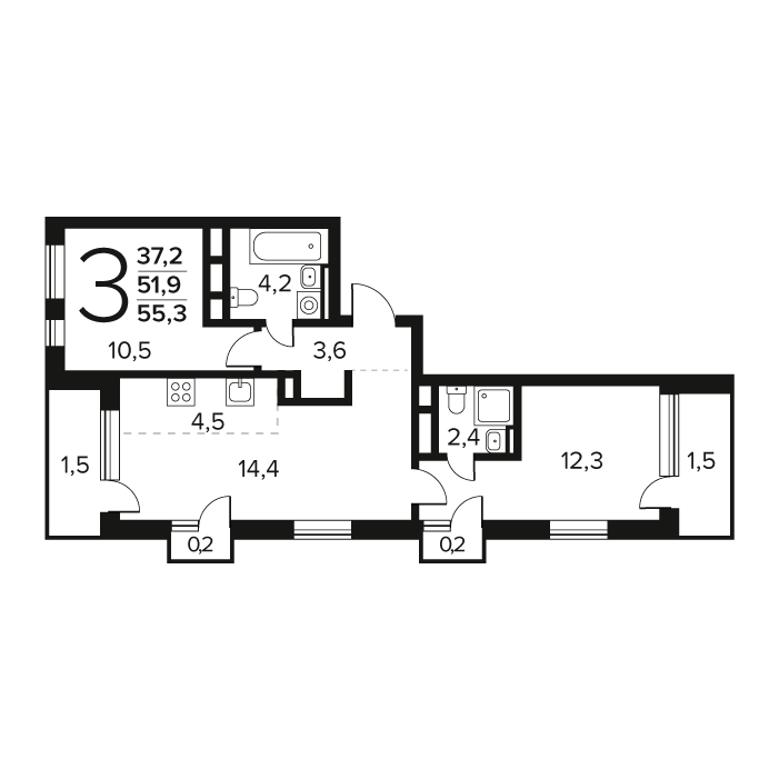 3 комн. квартира, 55.3 м², 9 этаж 