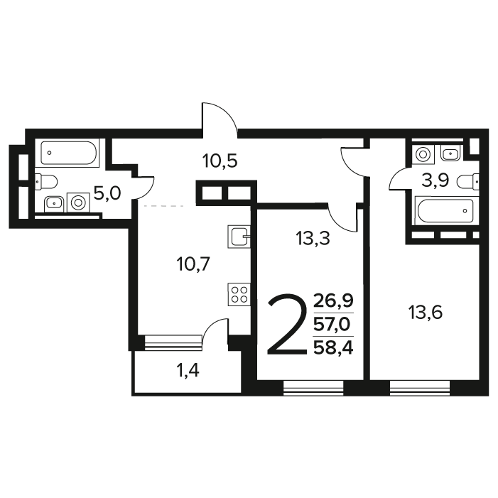 2 комн. квартира, 58.4 м², 7 этаж 