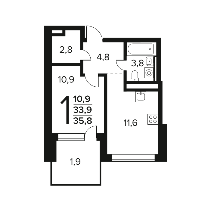 1 комн. квартира, 35.8 м², 1 этаж 