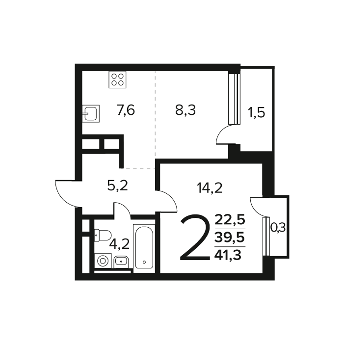 2 комн. квартира, 41.3 м², 7 этаж 