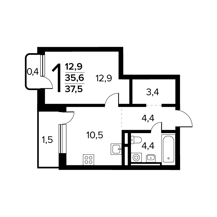 1 комн. квартира, 37.5 м², 7 этаж 