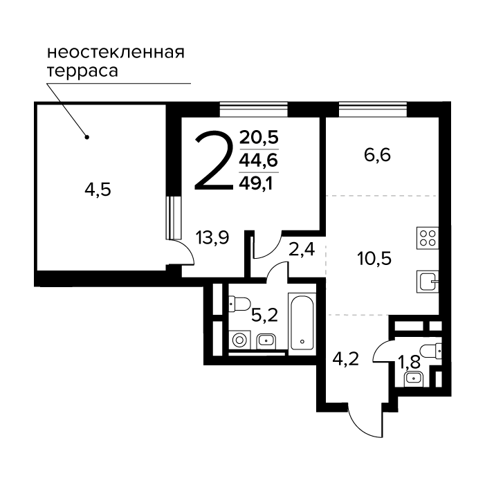 2 комн. квартира, 49.1 м², 14 этаж 
