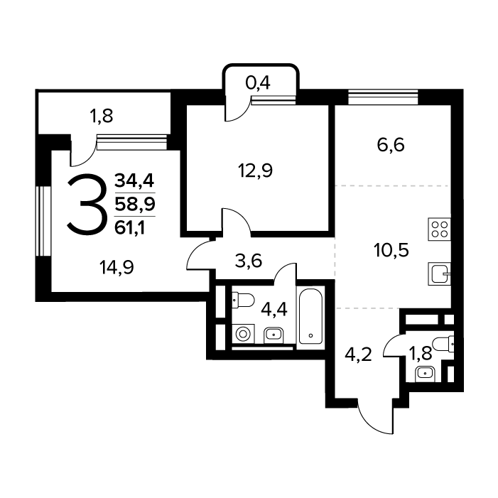 3 комн. квартира, 61.1 м², 5 этаж 