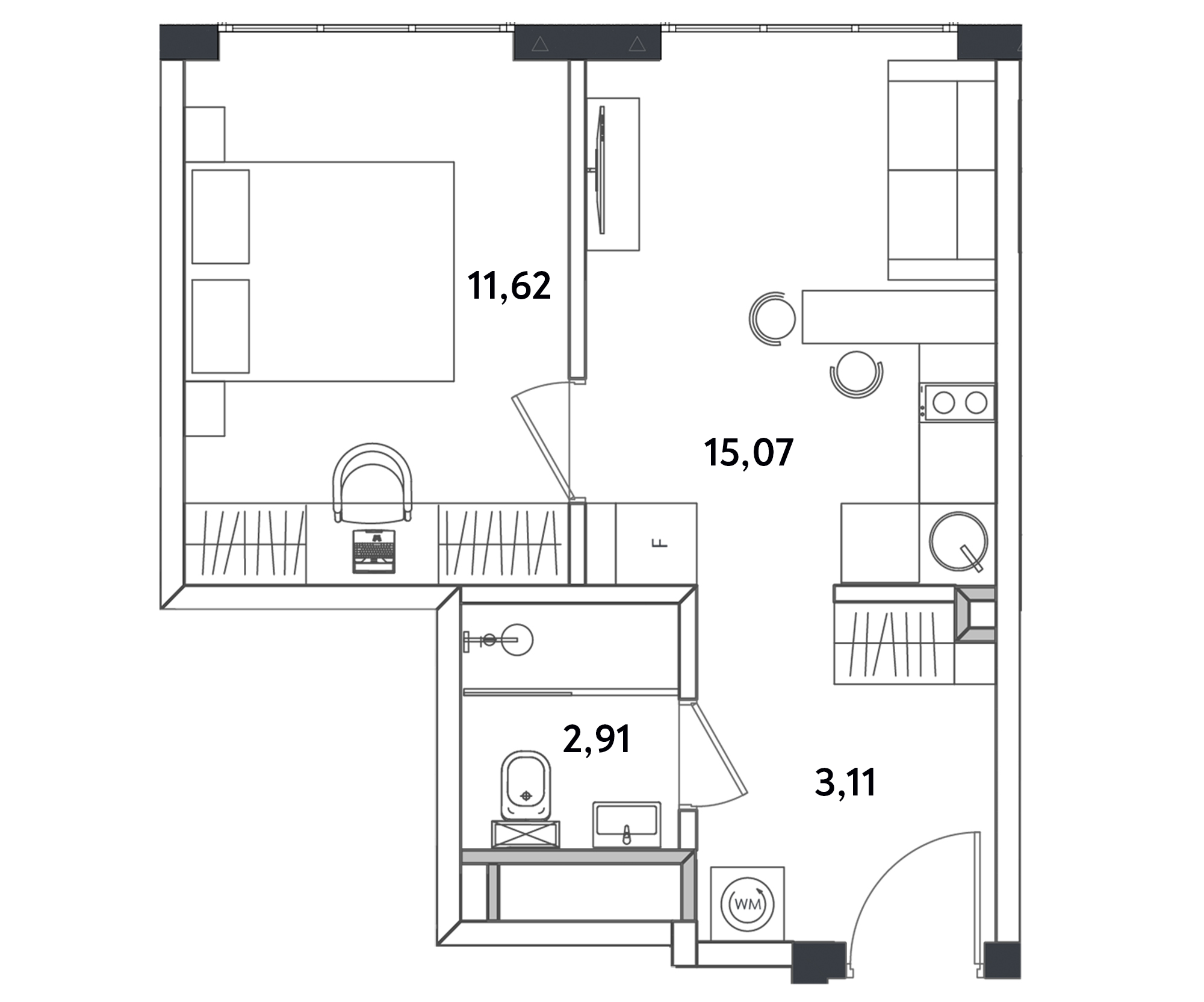 1 комн. квартира, 32.7 м², 22 этаж 