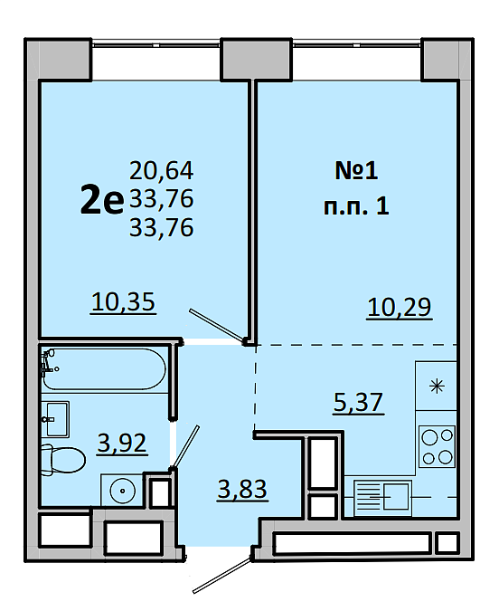 2 комн. квартира, 33.8 м², 2 этаж 