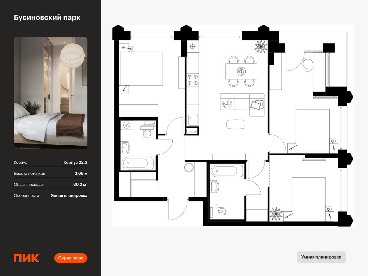 3 комн. квартира, 80.2 м², 10 этаж  (из 32)