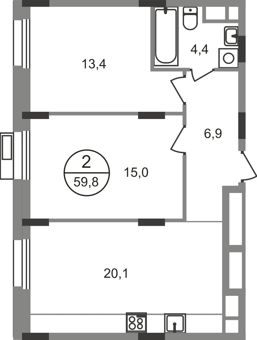 2 комн. квартира, 59.8 м², 3 этаж  (из 9)