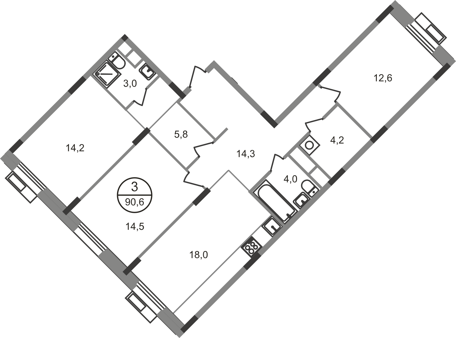3 комн. квартира, 90.6 м², 3 этаж  (из 9)
