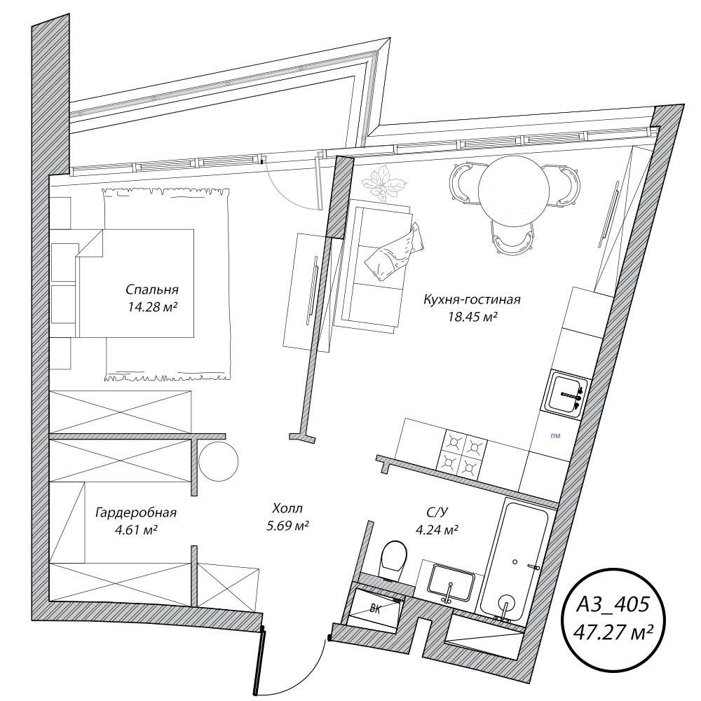 2 комн. квартира, 47.3 м², 4 этаж 