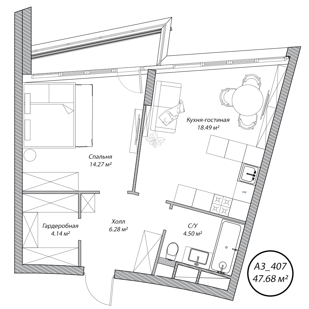 2 комн. квартира, 47.7 м², 4 этаж 