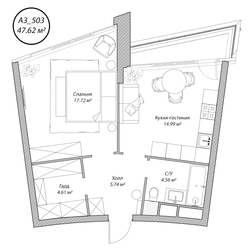2 комн. квартира, 47.6 м², 5 этаж 