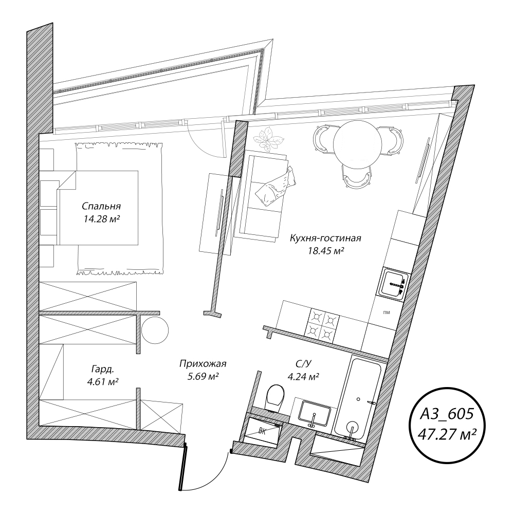 2 комн. квартира, 47.3 м², 6 этаж 