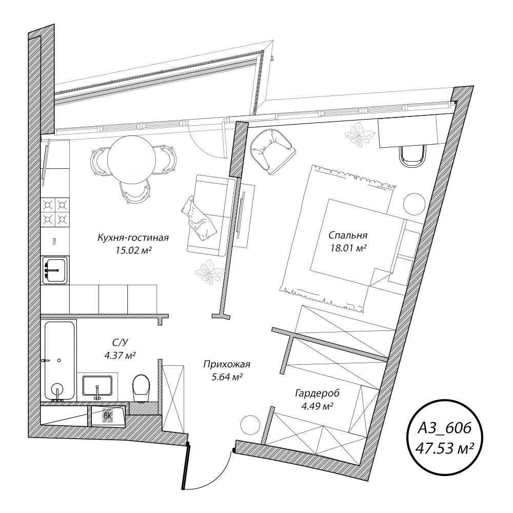 2 комн. квартира, 47.5 м², 6 этаж 