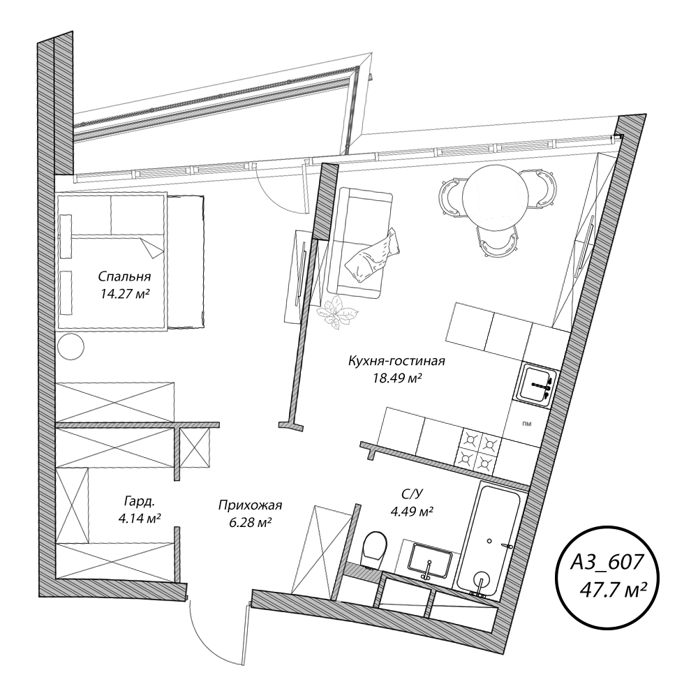 2 комн. квартира, 47.7 м², 6 этаж 