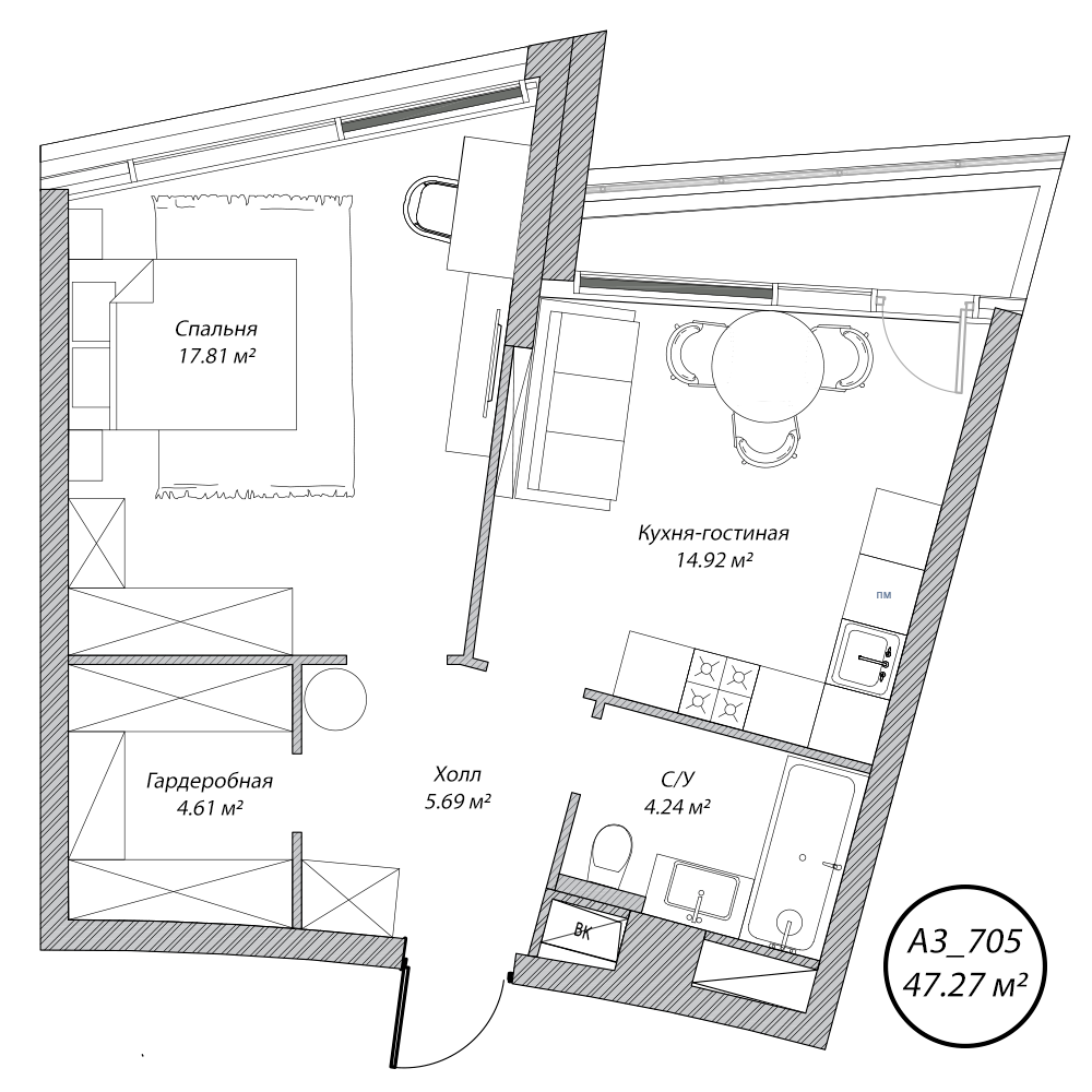 2 комн. квартира, 47.2 м², 7 этаж 