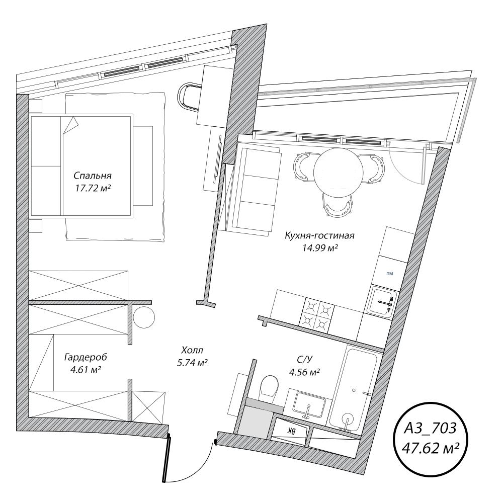 2 комн. квартира, 47.6 м², 7 этаж 