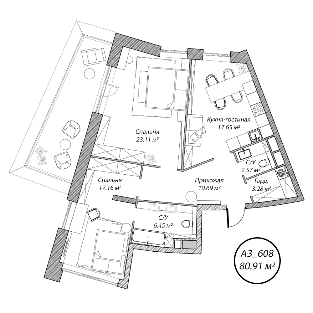 3 комн. квартира, 81.1 м², 6 этаж 