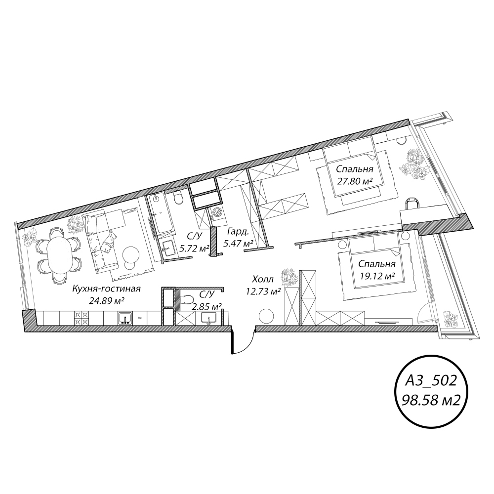 3 комн. квартира, 98.6 м², 5 этаж 