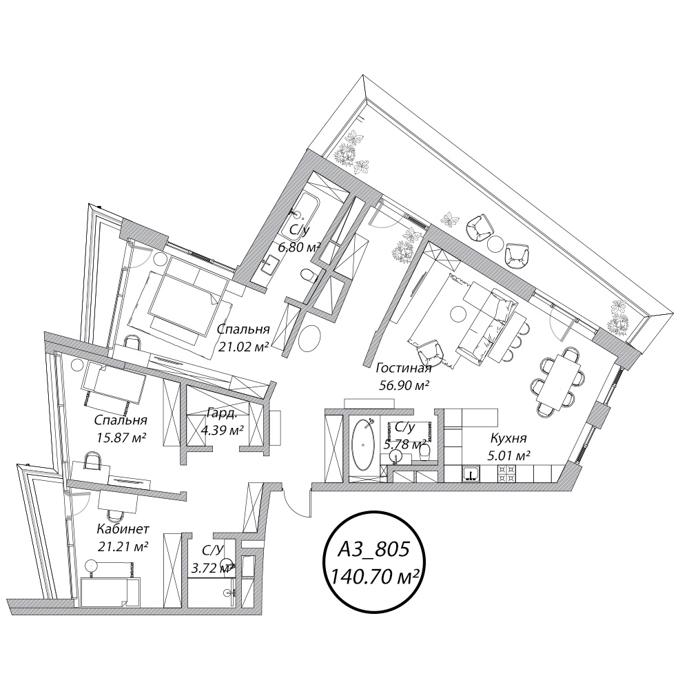 4 комн. квартира, 140.7 м², 8 этаж 